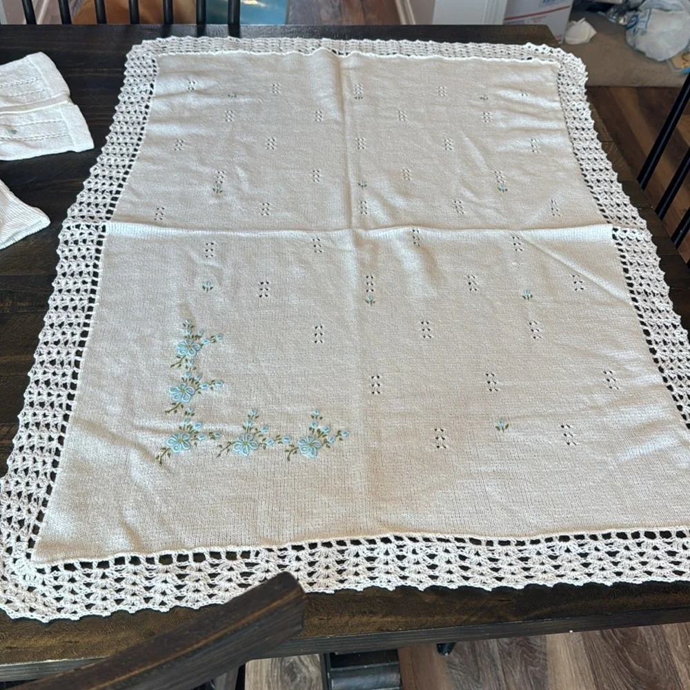 Handcrafted Vintage Baby Set - white Creamy color and knitted floral accent Blue